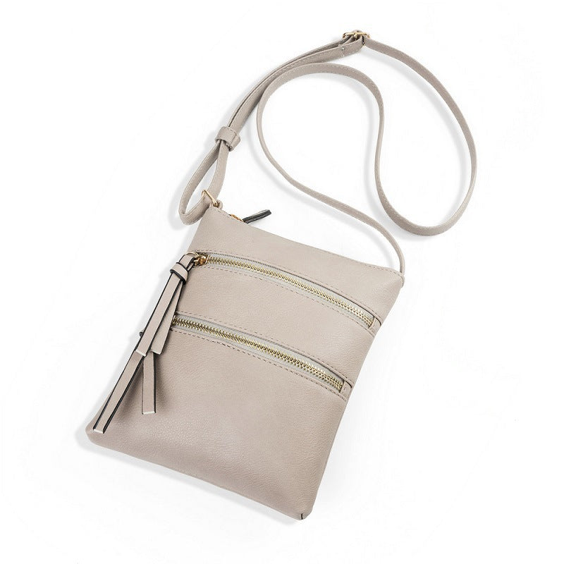 Grey PU Leather Compact Women's Crossbody Bag - Adjustable Strap, Double Zipper Closure