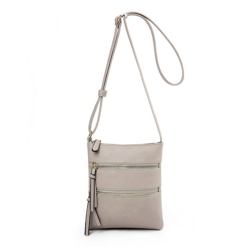 Grey PU Leather Compact Women's Crossbody Bag - Adjustable Strap, Double Zipper Closure