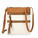 Brown and White PU Leather Compact Women's Crossbody Bag - Adjustable Strap, Double Zipper Closure