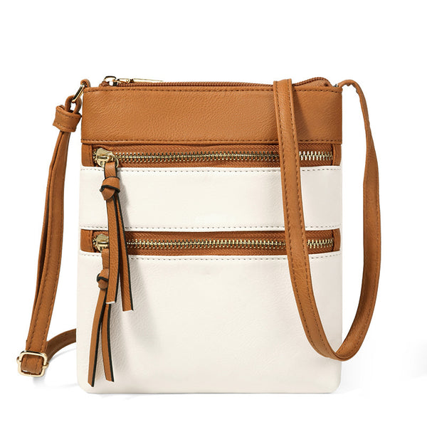 Brown and White PU Leather Compact Women's Crossbody Bag - Adjustable Strap, Double Zipper Closure