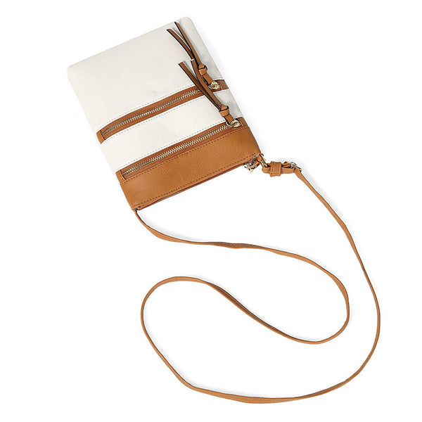 Brown and White PU Leather Compact Women's Crossbody Bag - Adjustable Strap, Double Zipper Closure
