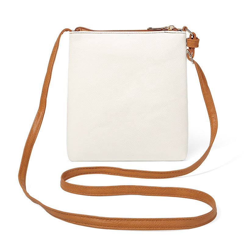 Brown and White PU Leather Compact Women's Crossbody Bag - Adjustable Strap, Double Zipper Closure