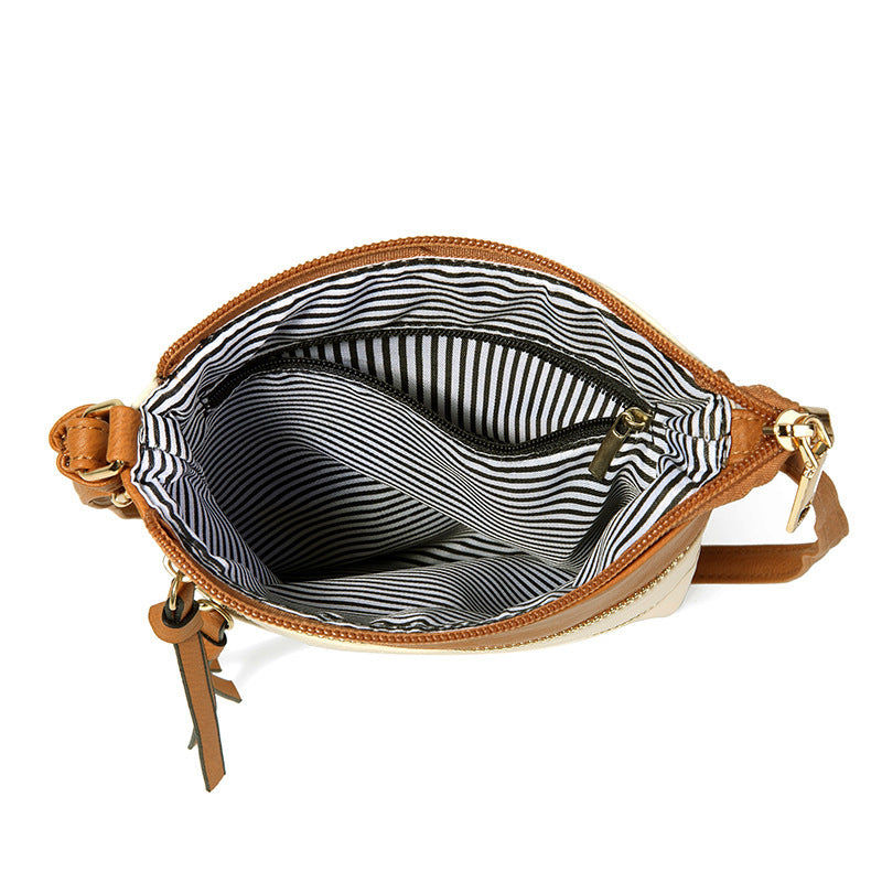 Brown and White PU Leather Compact Women's Crossbody Bag - Adjustable Strap, Double Zipper Closure