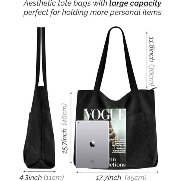 Stylish Corduroy Canvas Tote Bag - Retro Shoulder Bag - Black