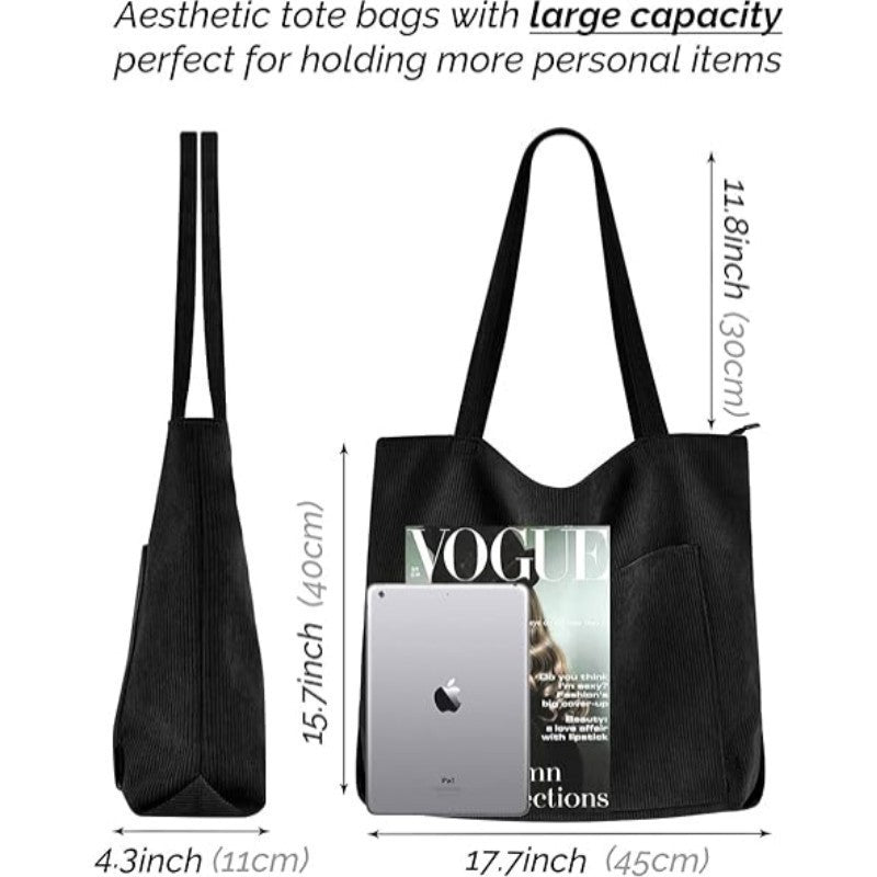 Stylish Corduroy Canvas Tote Bag - Retro Shoulder Bag - Black