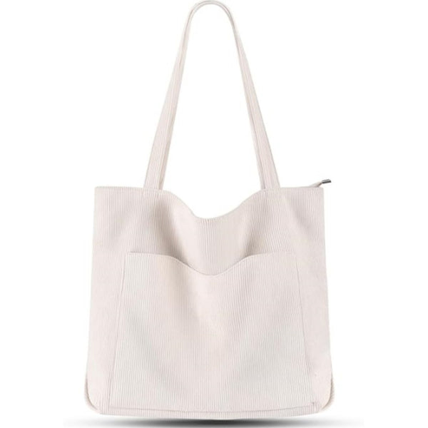 Stylish Corduroy Canvas Tote Bag - Fashionable and Retro Shoulder Bag - White