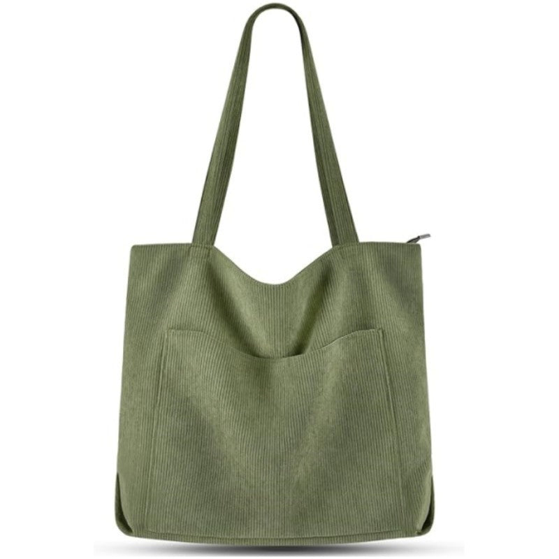 Stylish Corduroy Canvas Tote Bag - Fashionable and Retro Shoulder Bag - Green