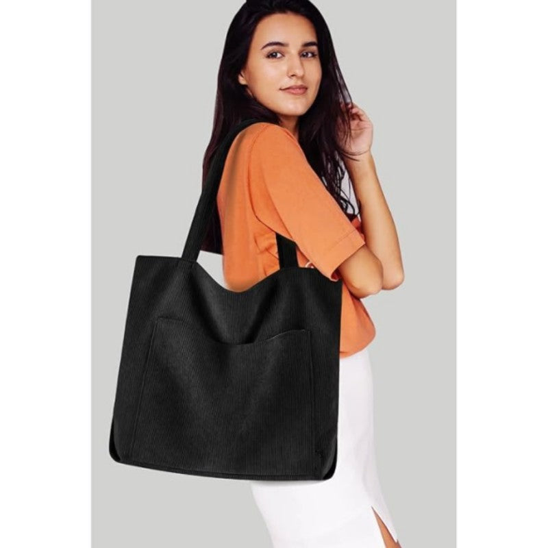 Stylish Corduroy Canvas Tote Bag - Fashionable and Retro Shoulder Bag - Green