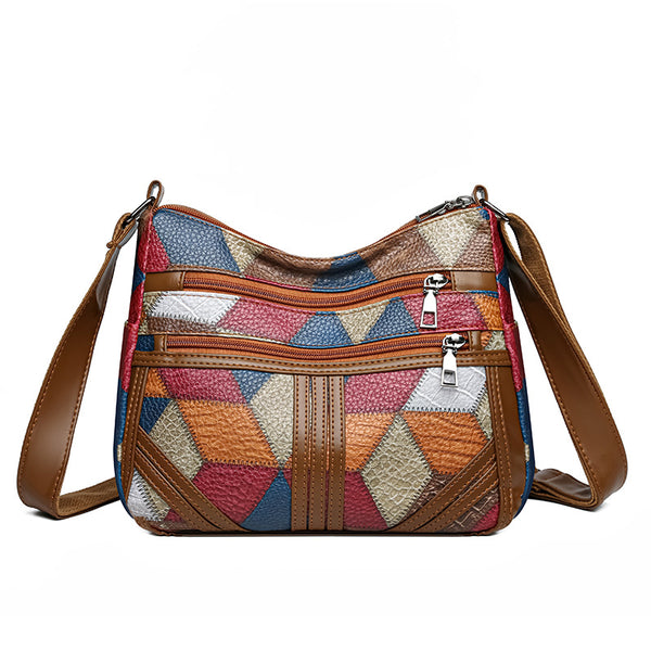 Colorful Vintage PU Leather Geometric Patchwork Crossbody Bag