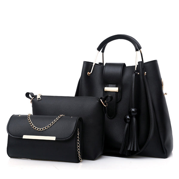 Black 3-Piece Women's Handbag Set - PU Leather Tote, Crossbody Bag & Clutch Purse
