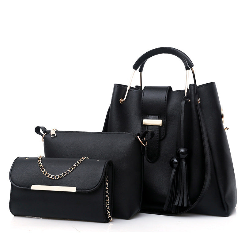 Black 3-Piece Women's Handbag Set - PU Leather Tote, Crossbody Bag & Clutch Purse