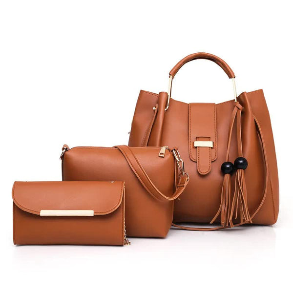 Brown 3-Piece Women's Handbag Set - PU Leather Tote, Crossbody Bag & Clutch Purse