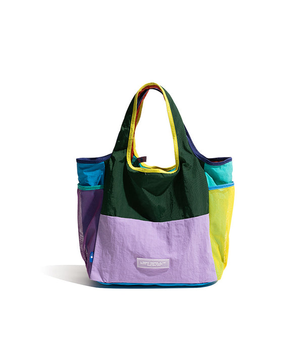 Vibrant Colorblock Foldable Tote Bag / Lightweight Reusable Shopping Shoulder Bag - Purple