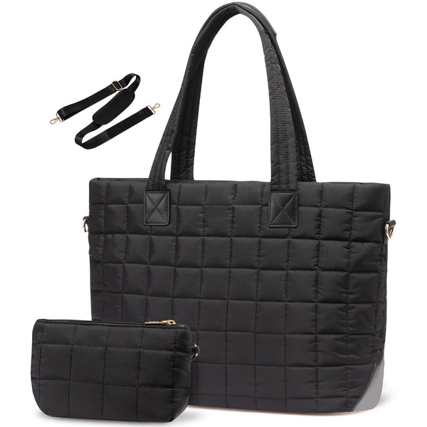 Large Capacity Tote Bag - Quilted Women's Shoulder Bag and Laptop Bag - Black