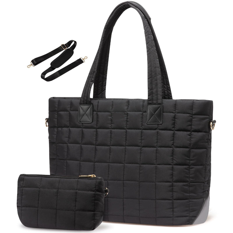 Large Capacity Tote Bag - Quilted Women's Shoulder Bag and Laptop Bag - Black