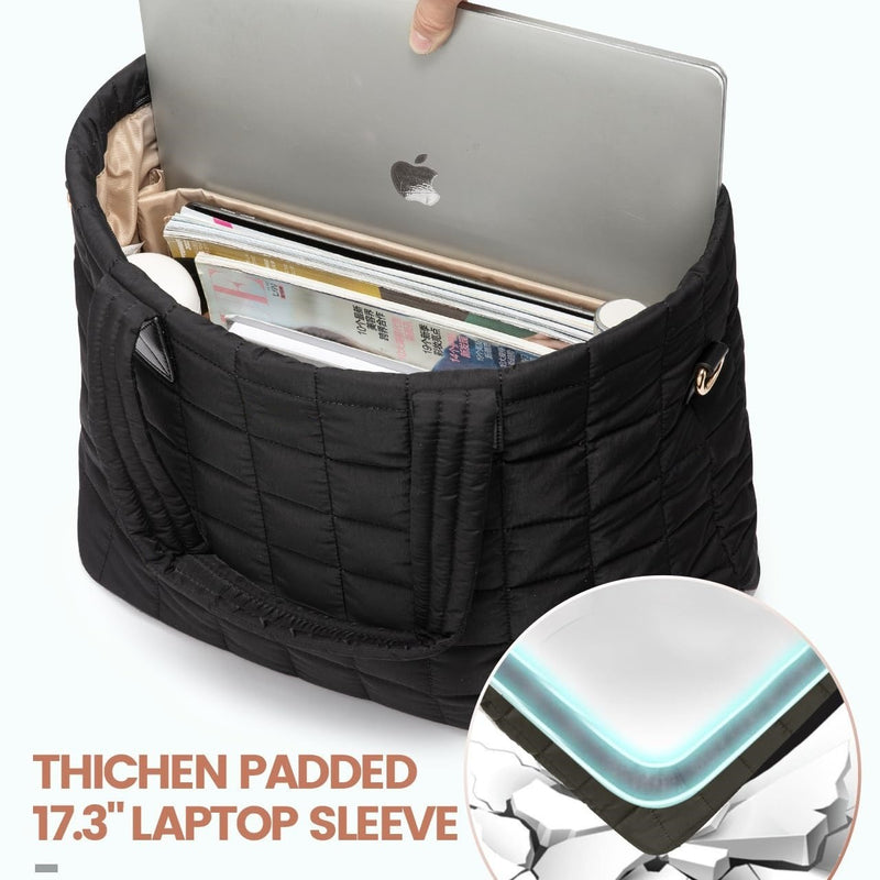 Large Capacity Tote Bag - Quilted Women's Shoulder Bag and Laptop Bag - Black