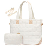 Large Capacity Tote Bag - Fashionable Quilted Women's Shoulder Bag and Laptop Bag - White
