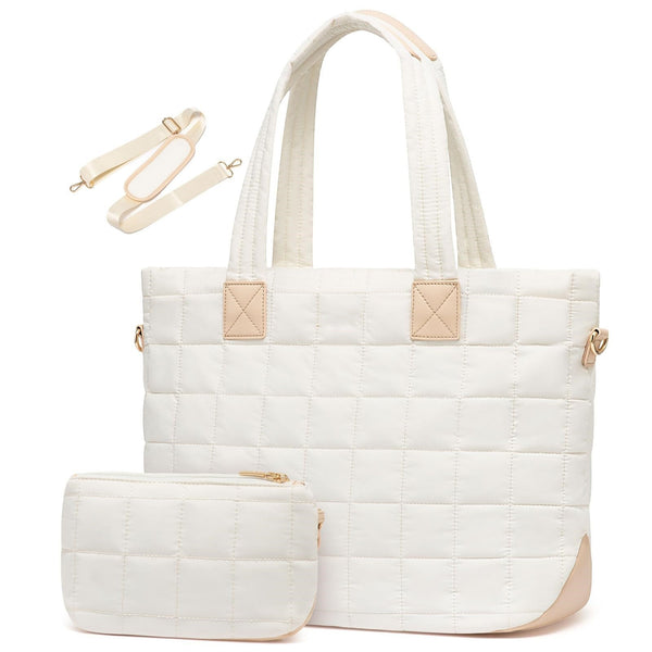 Large Capacity Tote Bag - Fashionable Quilted Women's Shoulder Bag and Laptop Bag - White