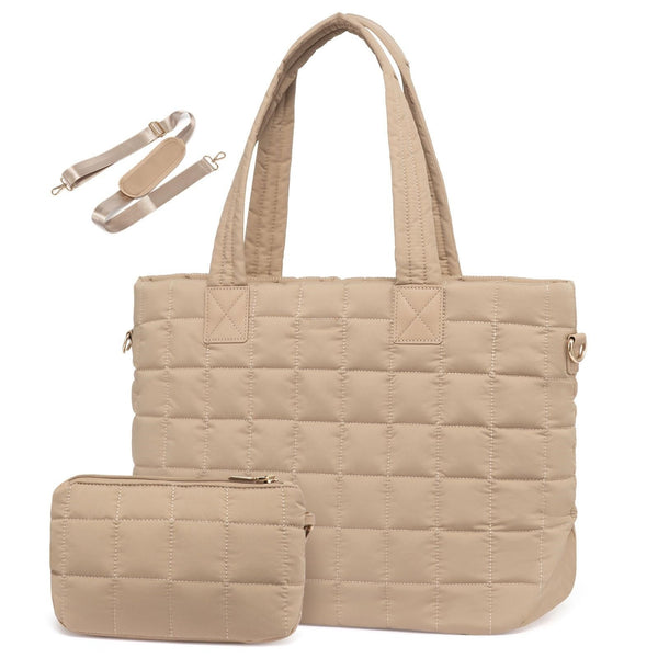 Large Capacity Tote Bag - Fashionable Quilted Women's Shoulder Bag and Laptop Bag - Khaki