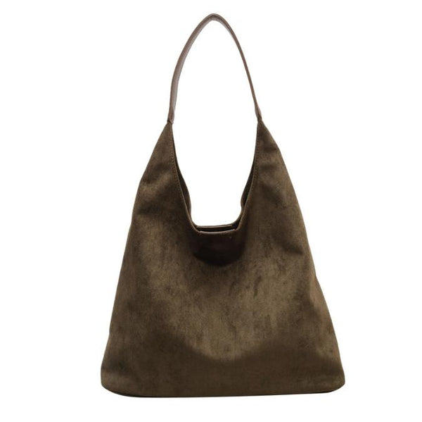 Chic Faux Suede Tote Bag with Matching Pouch | Large Capacity Slouchy Shoulder Bag - Greenish Brown