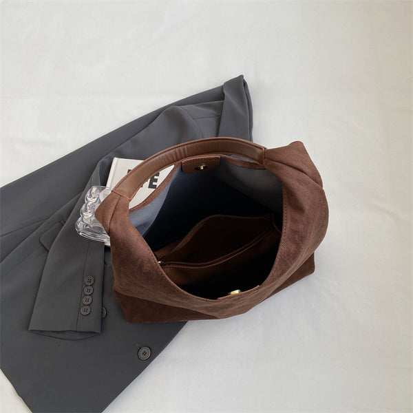 Chic Faux Suede Tote Bag with Matching Pouch | Large Capacity Slouchy Shoulder Bag - Greenish Brown