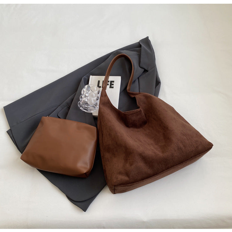 Chic Faux Suede Tote Bag with Matching Pouch | Large Capacity Slouchy Shoulder Bag - Greenish Brown